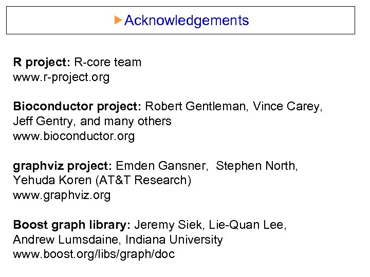  Acknowledgements R project: R-core team www. r-project. org Bioconductor project: Robert Gentleman, Vince