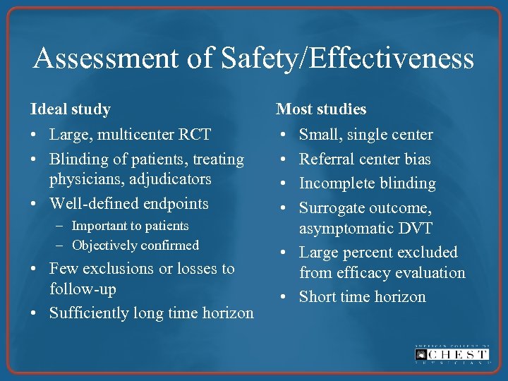 Assessment of Safety/Effectiveness Ideal study Most studies • Large, multicenter RCT • Blinding of