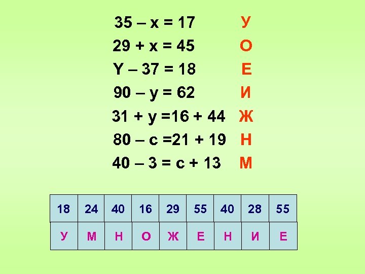 35 – x = 17 29 + x = 45 Y – 37 =