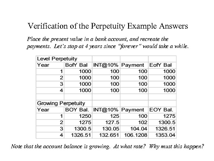 Verification of the Perpetuity Example Answers Place the present value in a bank account,