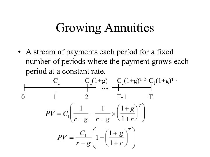 Growing Annuities • A stream of payments each period for a fixed number of