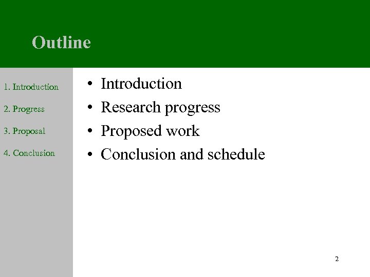 Outline 1. Introduction 2. Progress 3. Proposal 4. Conclusion • • Introduction Research progress