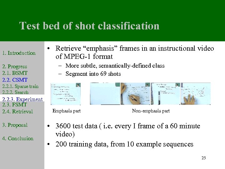 Test bed of shot classification 1. Introduction 2. Progress 2. 1. BSMT 2. 2.