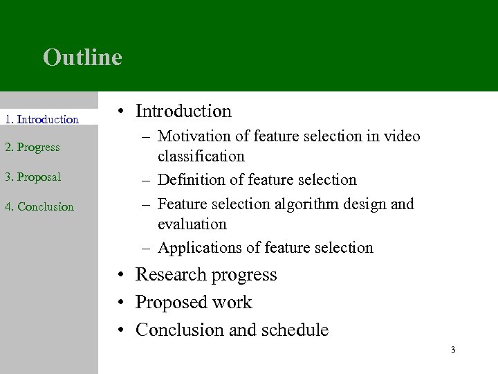 Outline 1. Introduction 2. Progress 3. Proposal 4. Conclusion • Introduction – Motivation of