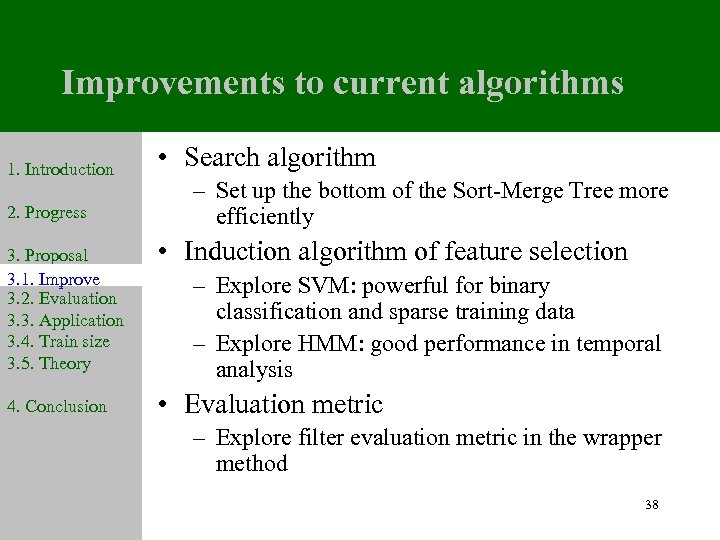 Improvements to current algorithms 1. Introduction 2. Progress 3. Proposal 3. 1. Improve 3.