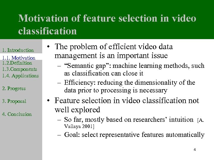 Motivation of feature selection in video classification 1. Introduction 1. 1. Motivation 1. 2.