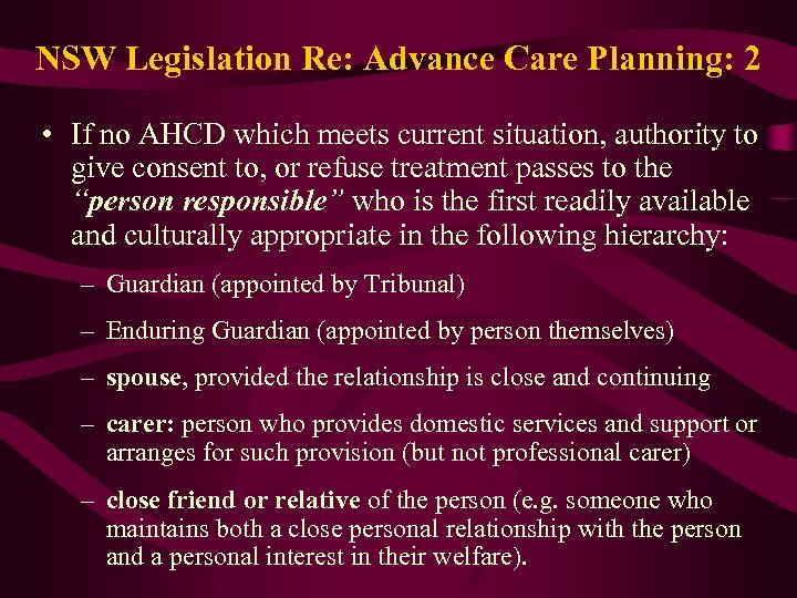 NSW Legislation Re: Advance Care Planning: 2 • If no AHCD which meets current