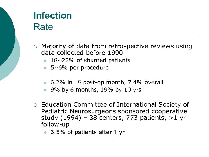 Infection Rate ¡ Majority of data from retrospective reviews using data collected before 1990