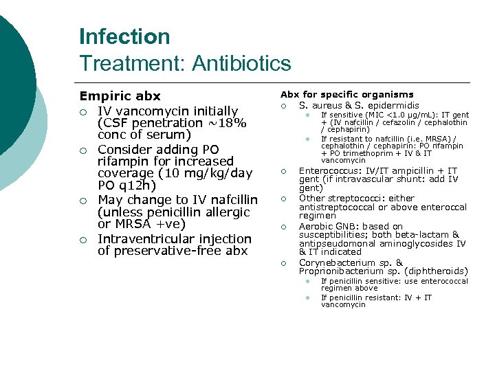 Infection Treatment: Antibiotics Empiric abx ¡ IV vancomycin initially (CSF penetration ~18% conc of