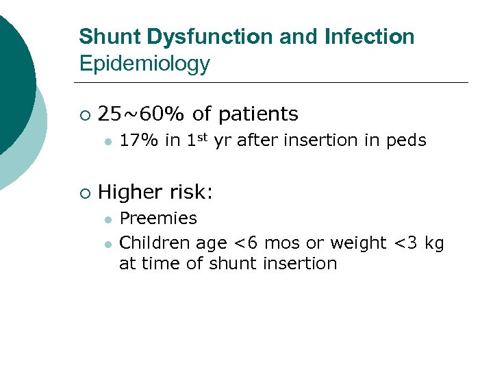 Shunt Dysfunction and Infection Epidemiology ¡ 25~60% of patients l ¡ 17% in 1