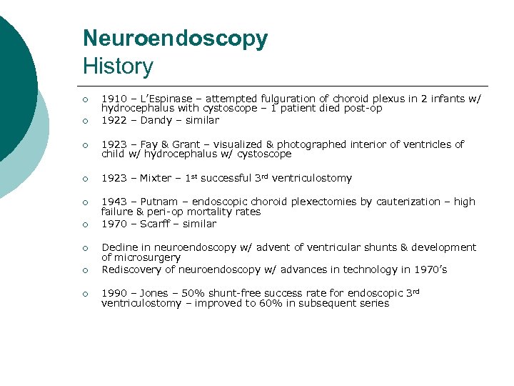 Neuroendoscopy History ¡ ¡ 1910 – L’Espinase – attempted fulguration of choroid plexus in