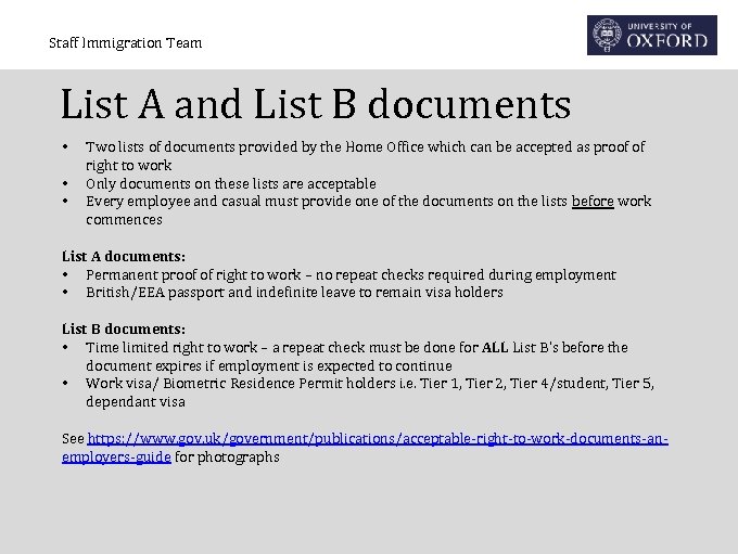 Staff Immigration Team List A and List B documents • • • Two lists