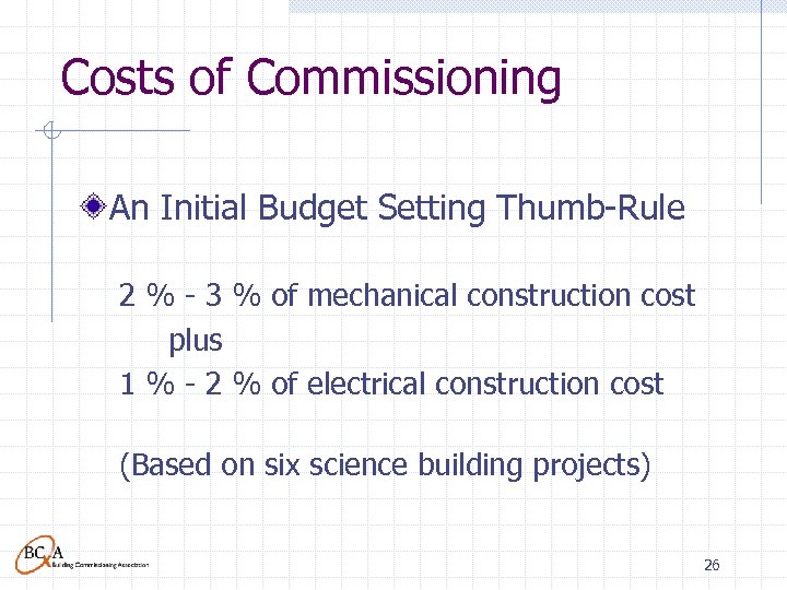 Costs of Commissioning An Initial Budget Setting Thumb-Rule 2 % - 3 % of