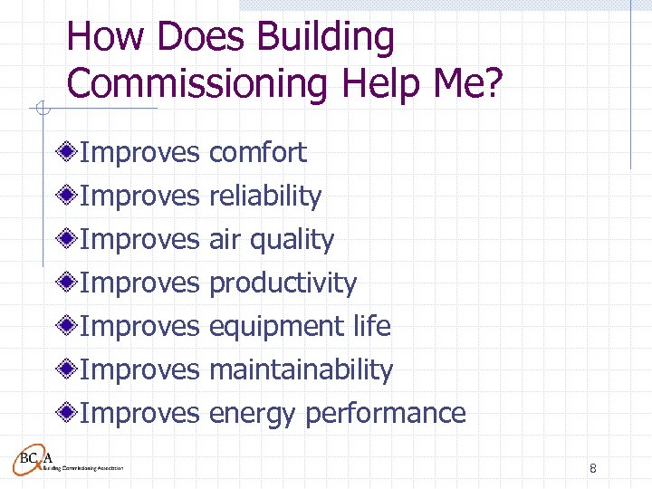 How Does Building Commissioning Help Me? Improves comfort Improves reliability Improves air quality Improves