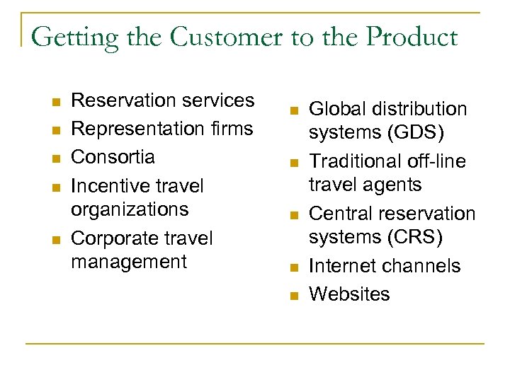 Getting the Customer to the Product n n n Reservation services Representation firms Consortia