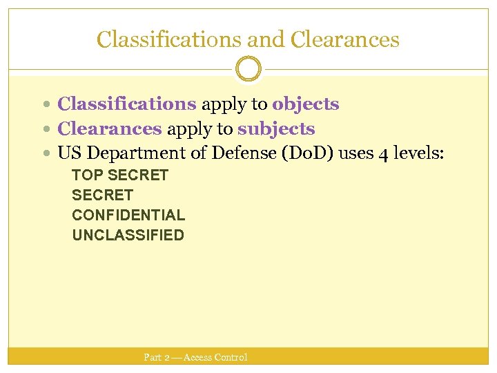 Classifications and Clearances Classifications apply to objects Clearances apply to subjects US Department of
