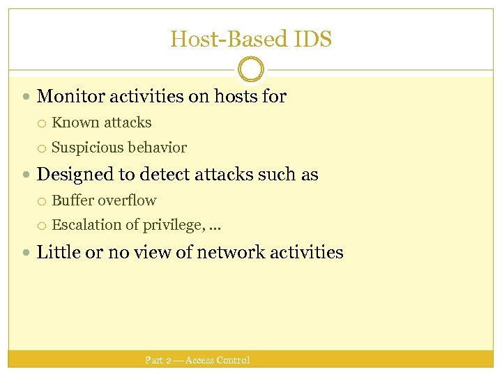 Host-Based IDS Monitor activities on hosts for Known attacks Suspicious behavior Designed to detect