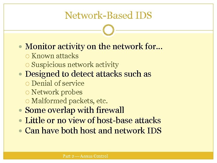 Network-Based IDS Monitor activity on the network for… Known attacks Suspicious network activity Designed