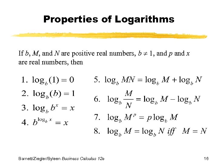 Properties of Logarithms If b, M, and N are positive real numbers, b 1,