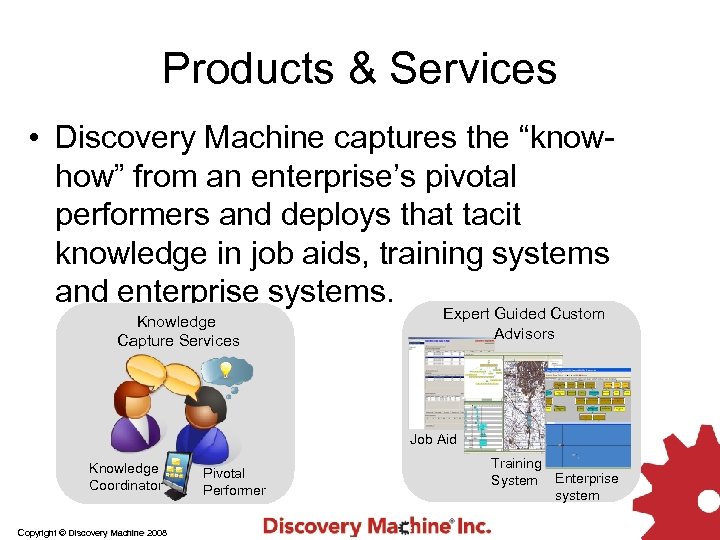 Products & Services • Discovery Machine captures the “knowhow” from an enterprise’s pivotal performers