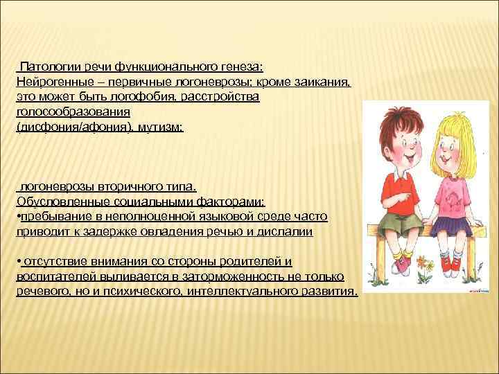 Патологии речи функционального генеза: Нейрогенные – первичные логоневрозы; кроме заикания, это может быть логофобия,