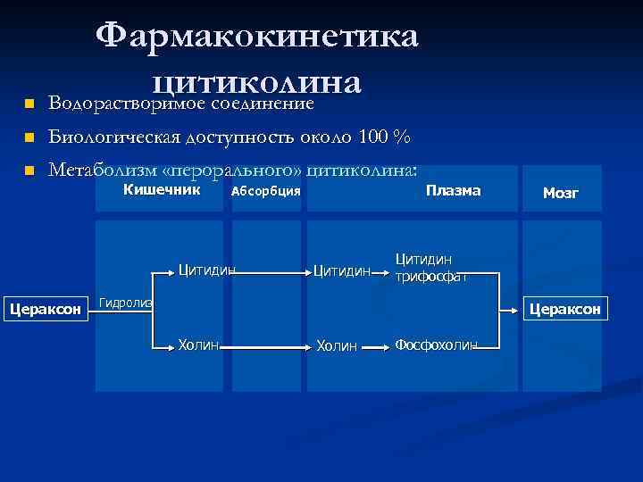 n Фармакокинетика цитиколина Водорастворимое соединение n Биологическая доступность около 100 % n Метаболизм «перорального»