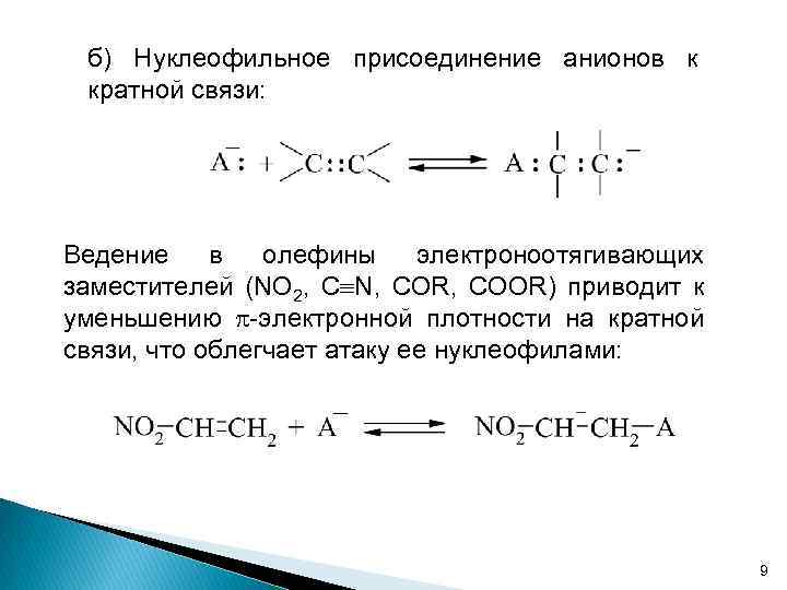 б) Нуклеофильное присоединение анионов к кратной связи: Ведение в олефины электроноотягивающих заместителей (NO 2,