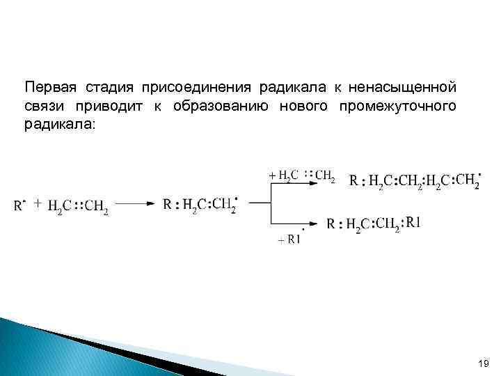 Первая стадия присоединения радикала к ненасыщенной связи приводит к образованию нового промежуточного радикала: 19