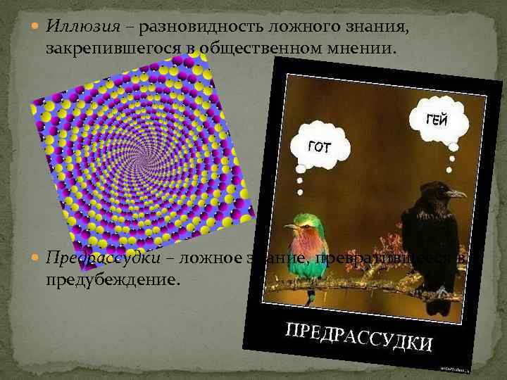  Иллюзия – разновидность ложного знания, закрепившегося в общественном мнении. Предрассудки – ложное знание,