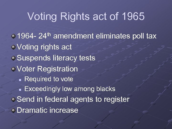Voting Rights act of 1965 1964 - 24 th amendment eliminates poll tax Voting