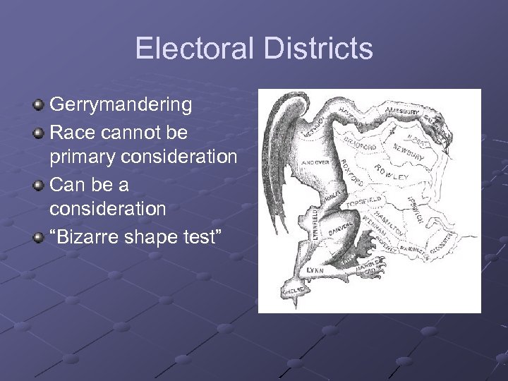 Electoral Districts Gerrymandering Race cannot be primary consideration Can be a consideration “Bizarre shape