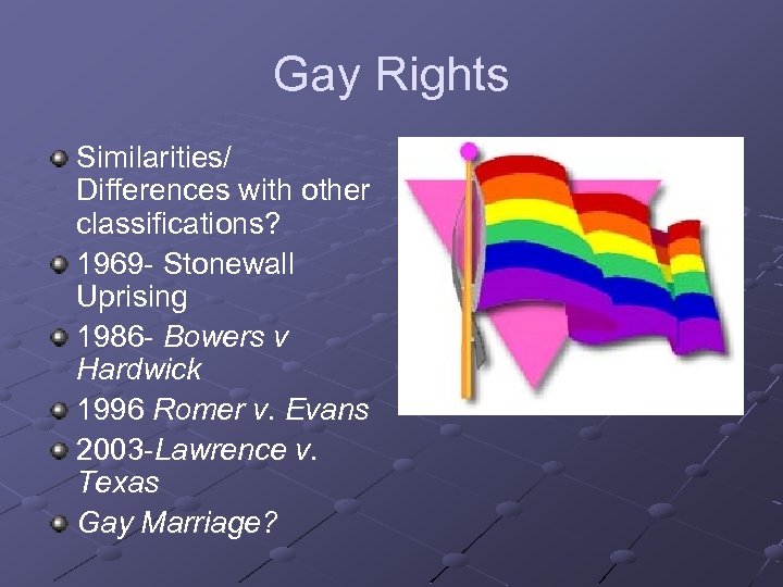 Gay Rights Similarities/ Differences with other classifications? 1969 - Stonewall Uprising 1986 - Bowers