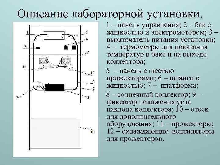 Описание лабораторной установки. 1 – панель управления; 2 – бак с жидкостью и электромотором;
