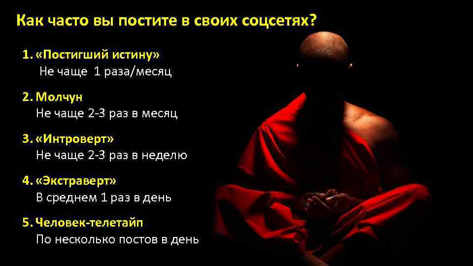 Как часто вы постите в своих соцсетях? 1. «Постигший истину» Не чаще 1 раза/месяц