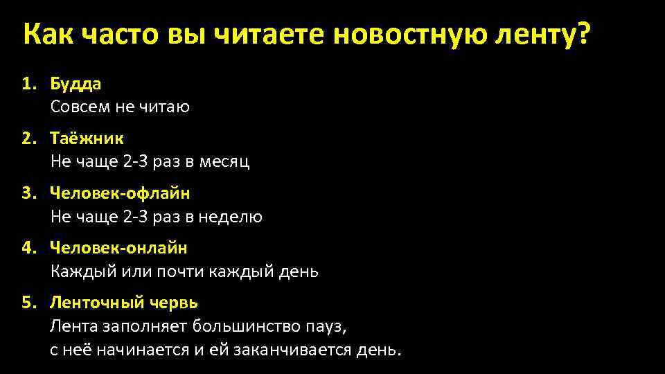 Как часто вы читаете новостную ленту? 1. Будда Совсем не читаю 2. Таёжник Не