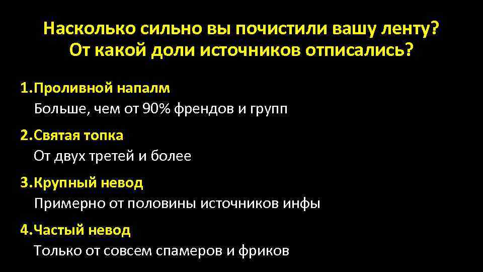 Насколько сильно вы почистили вашу ленту? От какой доли источников отписались? 1. Проливной напалм