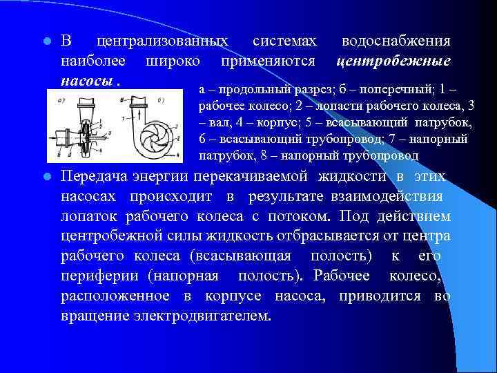 l В централизованных системах водоснабжения наиболее широко применяются центробежные насосы. а – продольный разрез;