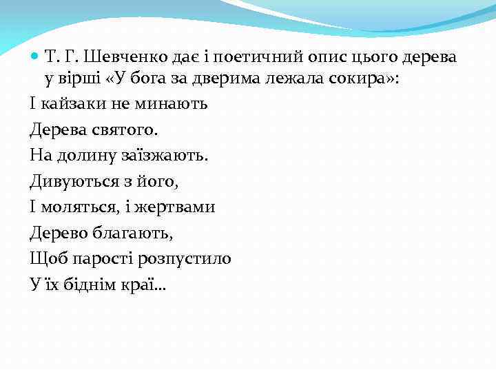  Т. Г. Шевченко дає і поетичний опис цього дерева у вірші «У бога