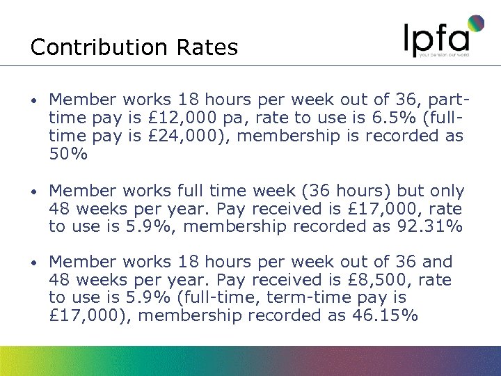 Contribution Rates • Member works 18 hours per week out of 36, parttime pay