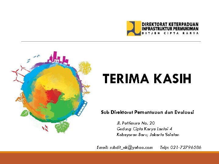 TERIMA KASIH Sub Direktorat Pemantauan dan Evaluasi Jl. Pattimura No. 20 Gedung Cipta Karya