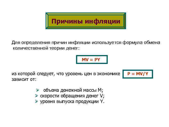 Причины инфляции Для определения причин инфляции используется формула обмена количественной теории денег: MV =