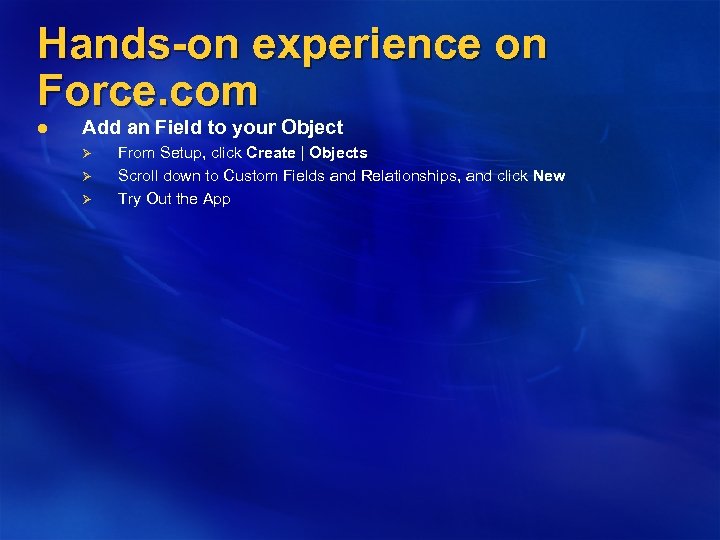 Hands-on experience on Force. com l Add an Field to your Object Ø Ø