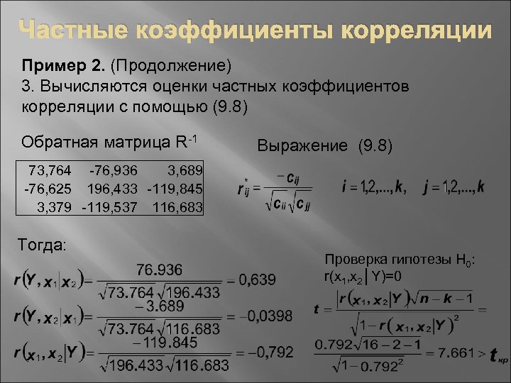 Частные коэффициенты корреляции Пример 2. (Продолжение) 3. Вычисляются оценки частных коэффициентов корреляции с помощью