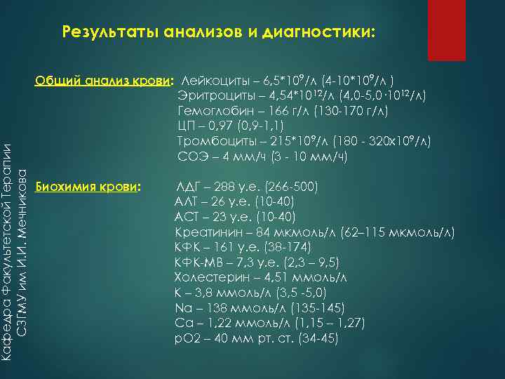 Кафедра Факультетской Терапии СЗГМУ им И. И. Мечникова Результаты анализов и диагностики: Общий анализ