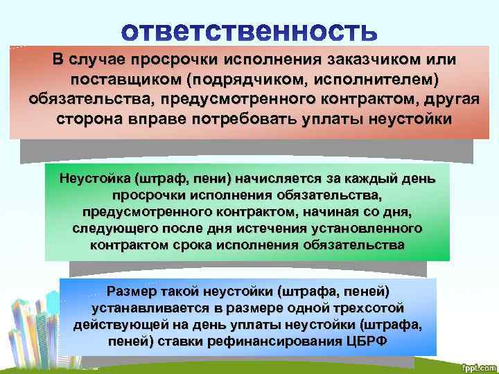 В случае просрочки исполнения заказчиком или поставщиком (подрядчиком, исполнителем) обязательства, предусмотренного контрактом, другая сторона