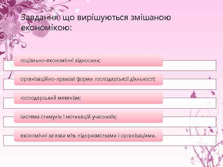 Завдання, що вирішуються змішаною економікою: соціально-економічні відносини; організаційно-правові форми господарської діяльності; господарський механізм; система