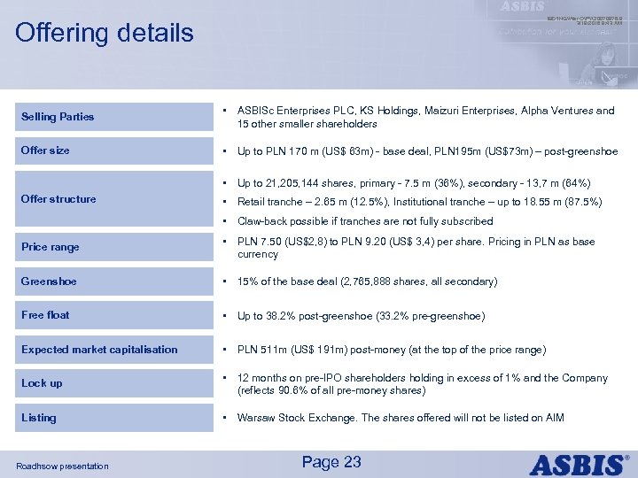 IBDINGWar OPX 20070976. 9 3/19/2018 9: 43 AM Offering details Selling Parties • ASBISc