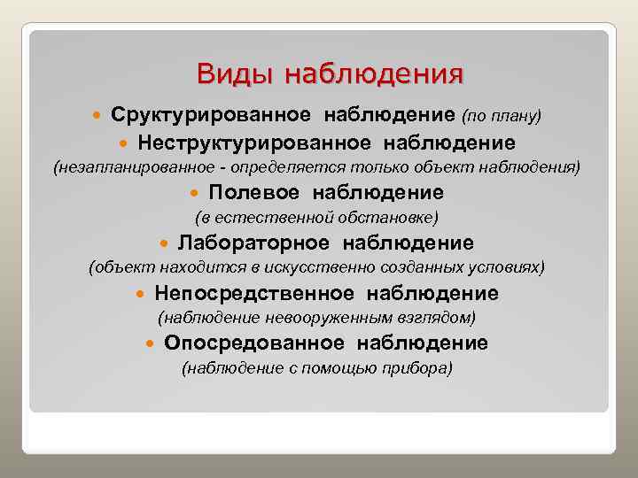 Виды наблюдения Сруктурированное наблюдение (по плану) Неструктурированное наблюдение (незапланированное - определяется только объект наблюдения)