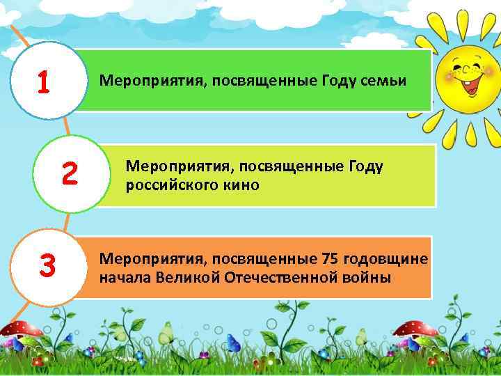 1 Мероприятия, посвященные Году семьи 2 3 Мероприятия, посвященные Году российского кино Мероприятия, посвященные