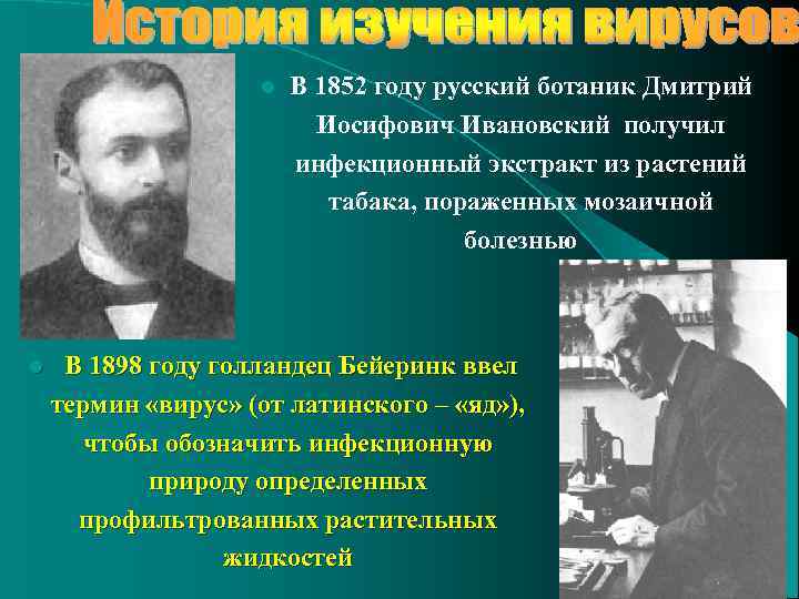 l l В 1852 году русский ботаник Дмитрий Иосифович Ивановский получил инфекционный экстракт из